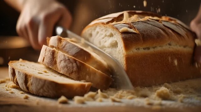 A close-up shot of a loaf of bread being sliced, showing the knife in action and the texture.  Fresh crumbs are flying