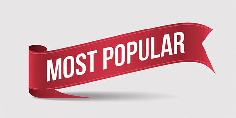 Red ribbon banner with white text MOSTPOPULAR angled on a light gray background