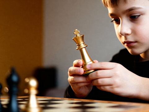 A young Caucasian boy with brown hair focuses on a golden chess piece while playing chess. The scene captures concentration and strategy in a cozy environment.