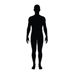 A stark silhouette of a human figure facing forward in a minimalist style