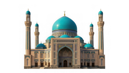 Beautiful mosque with blue domes and minarets isolated on transparent background
