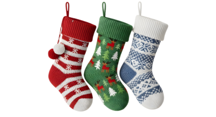 Three Knitted Christmas Stockings Product Shot with Festive Red, Green, and Blue Patterns isolated PNG with Transparent Background