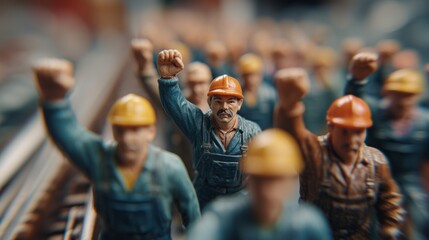 A group of toy workers raises their fists in solidarity, each wearing bright helmets and work clothes to represent their roles. These toy workers embody unity and strength in this
