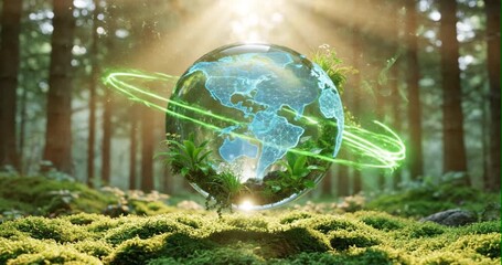 Digital globe with green glowing light trails and growing plants, circular economy and sustainable future technology concept, 4K - Powered by Adobe