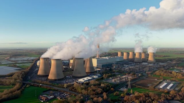 Aerial view of large power plant in UK countryside