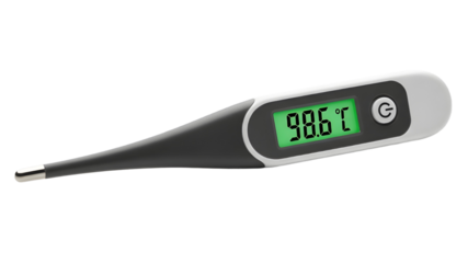 Digital Medical Thermometer Product Shot with Green Display Showing 98.6 Degrees Celsius isolated PNG with Transparent Background