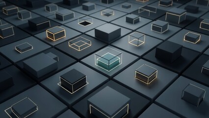 Abstract 3D Grid of Cubes with Glowing Edges, Digital Network, Data Blocks