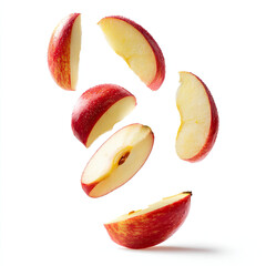 Red apple slices floating on white background