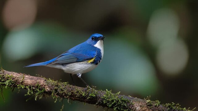 A serene profile of a Setophaga bird perched on a mossy branch in a forest, captured in a cinematic video