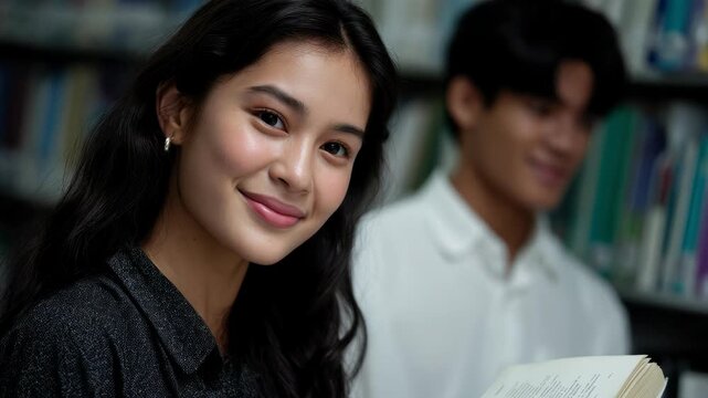 Young Student Smiling While Reading in Library