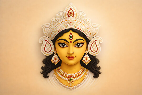 Saraswati puja goddess face illustration with traditional white crown and jewelry on a plain background for basant panchami celebration and religious festival greeting card design