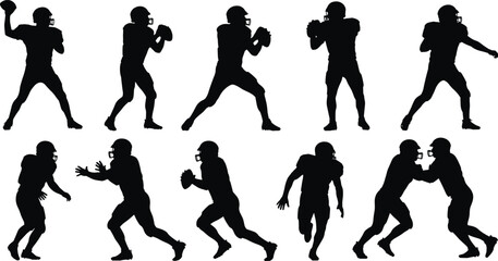 American football player silhouette collection, quarterback passing, running and tackling action poses isolated black vector illustration set for sports design