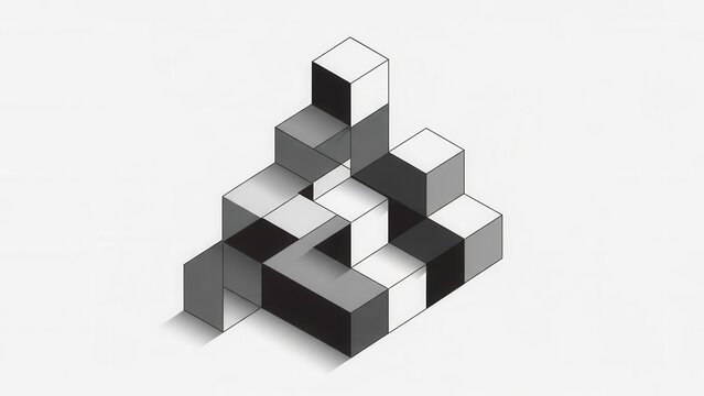 Abstract geometric construction of monochrome cubes, optical illusion, isometric perspective