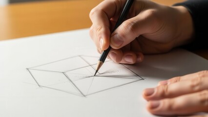 Artist's hand drawing geometric shape with pencil on paper, close-up detail