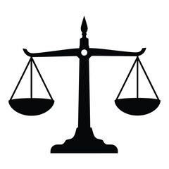 A simple black and white illustration of a classic scales of justice design