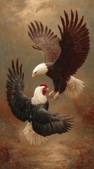 Rooster and Eagle Fight in Oil Painting Style