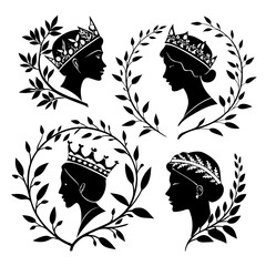 Silhouettes of queens with crowns and laurel wreaths
