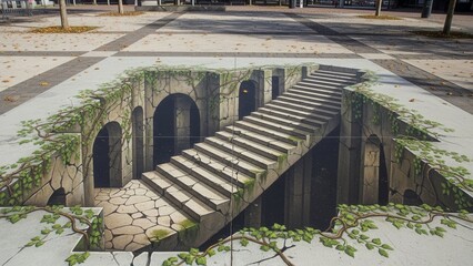 Naklejka premium 3D Street Art Staircase Illusion Descending into Stone Arches and Overgrown Vines
