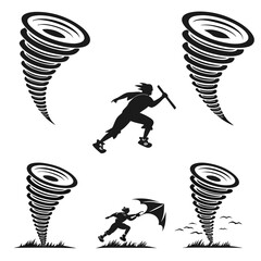 Silhouettes of people running from tornadoes