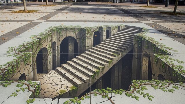 3D Street Art Staircase Illusion Descending into Stone Arches and Overgrown Vines