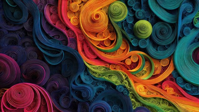 Intricate Quilled Paper Abstract Background in Vibrant Rainbow Colors. Psychedelic Swirling Lines and Filigree Design.