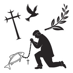 Silhouette of a person praying with religious symbols