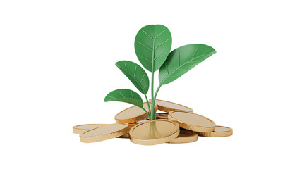Pile of coins with a growing plant symbolizes financial growth