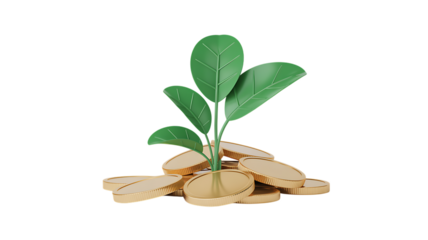 Pile of coins with a growing plant symbolizes financial growth