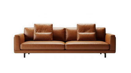 Modern brown leather sofa with cushions isolated on transparent background