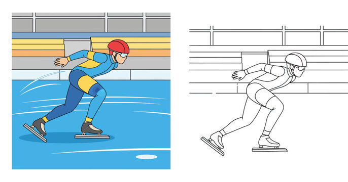 Speed skater vector illustration and black and white outline for coloring book; Winter sports athlete racing on ice rink cartoon character isolated for design and educational activity.