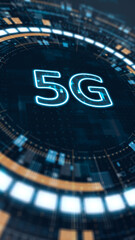 Vertical 5G network symbol glowing in futuristic HUD design that illustrates high speed wireless communication and next generation mobile technology.