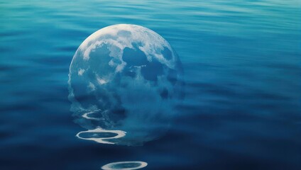 Full Moon Reflected on Calm Blue Ocean Water Surface at Night.
