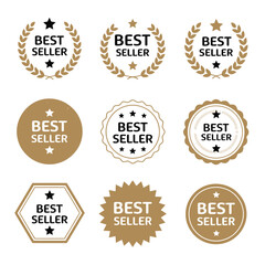 Obraz premium Best Seller Icon Badge Set, Gold Award Round Stamp, Sticker with Ribbon, Stars and Bestseller Text for Top Sales Design.