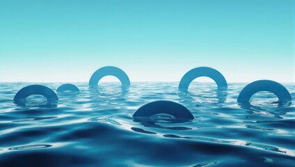 Abstract Blue Rings Floating on Rippling Water Surface.