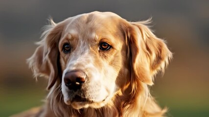 Closeup portrait of a golden retriever dog looking directly at the camera with a gentle expression on its face outdoors