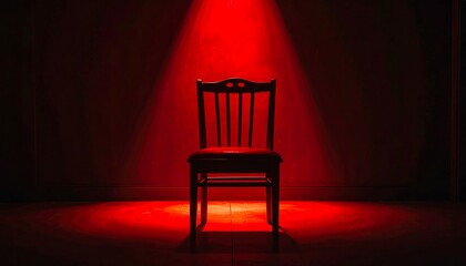 A singular wooden chair is illuminated by a vibrant red spotlight, casting dramatic shadows. The background is dim, enhancing focus