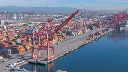 DRONE: Massive red cranes of the Port of Los Angeles tower over the ocean.