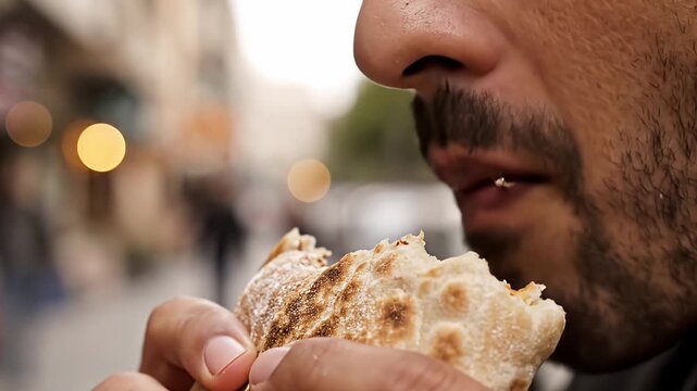 An extreme close up of a man taking a large bite of a fresh warm pita or flatbread wrap on a busy city street