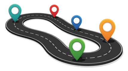 Curved road route map with location pins illustration
