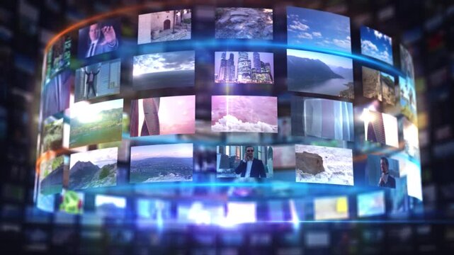 Digital media screens displaying various images in a cylindrical array