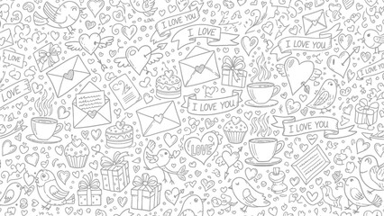 Fototapeta premium Doodle pattern featuring hearts birds love letters and sweet treats