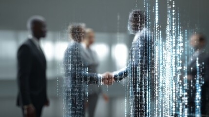 In a modern office environment, a man and a woman engage in a handshake, signifying an important business agreement. The handshake demonstrates the cooperative spirit essential in