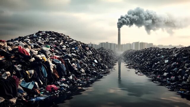 Recycling. Environment conservation. Waste management. Aerial view of a large pile of discarded clothing beside a body of water.