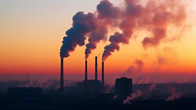 Air pollution. Environment conservation. Industry. A silhouette of a factory chimney releasing smoke into the sky during sunset. The sky is painted in hues of orange and red.