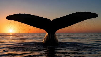 Whale Tail Fluke Diving into Ocean at Sunset