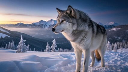Obraz premium Wolf Standing in Snowy Mountain at Sunrise