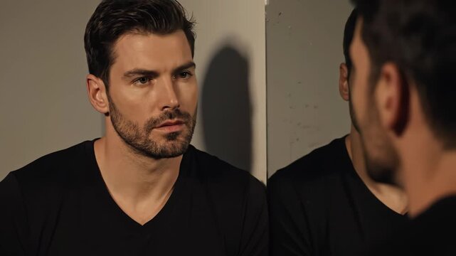 A man with short dark hair and beard looking down with a mirror reflection showing his duplicate with identical hairstyle and clothes