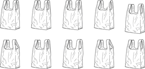 Hand drawn plastic shopping bag sketch set eco pollution concept reusable grocery packaging illustration isolated on white background vector line art © Jomila