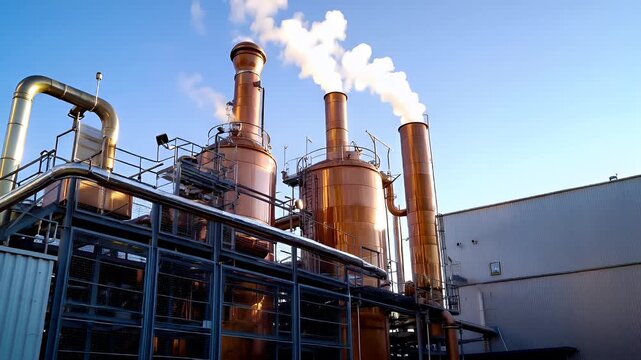 Air pollution. Environment conservation. Industry. industrial facility with copper chimneys releasing smoke into the skyindustrial building with corrugated metal roof and metal structure.