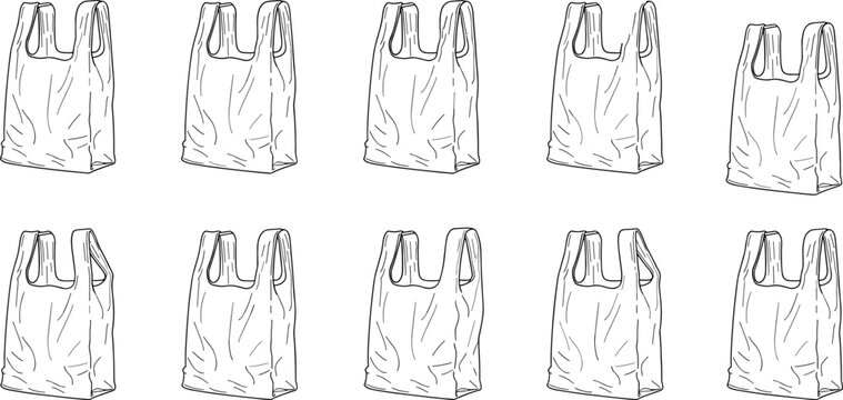 Hand drawn plastic shopping bag sketch set eco pollution concept reusable grocery packaging illustration isolated on white background vector line art
